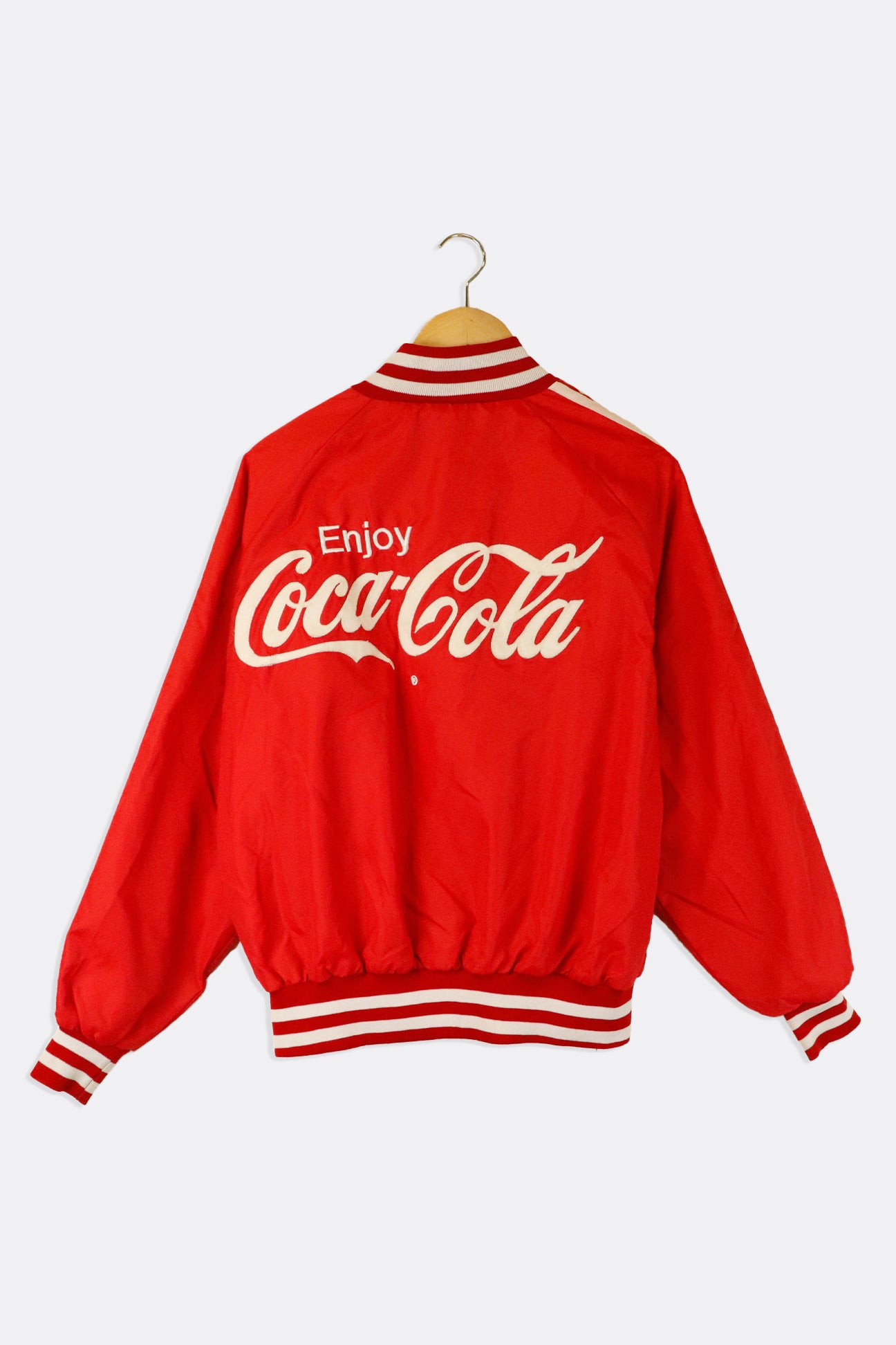 Vintage Enjoy Coca-Cola Embroidered Logo On Both Sides Stripped Collar And  Cuffs Bomber Jacket Sz L