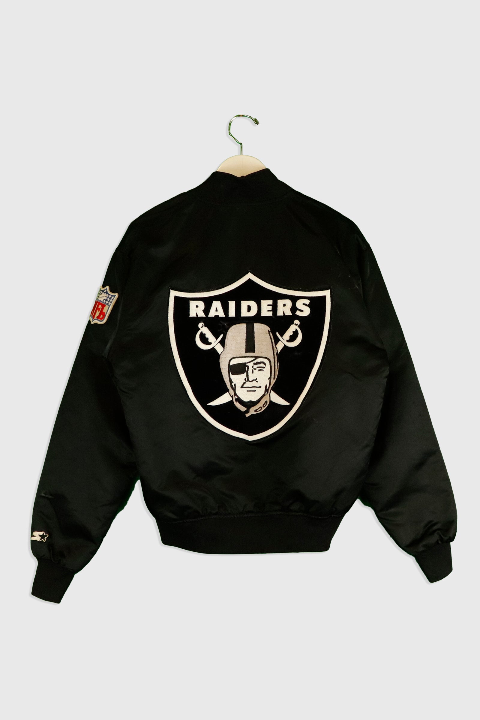 Nfl Los Angeles Raiders Satin Button Up Jacket W/ Spellout Letters On Back  As-is